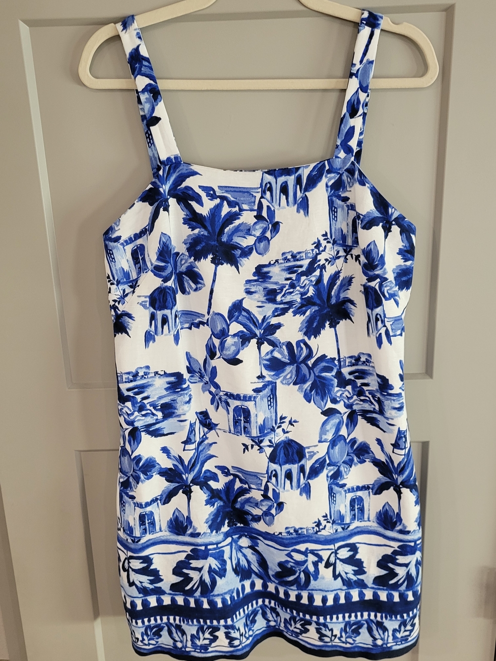 LOFT Blue & White Toile Linen Blend Scenic Print Mini Dress Size 6P